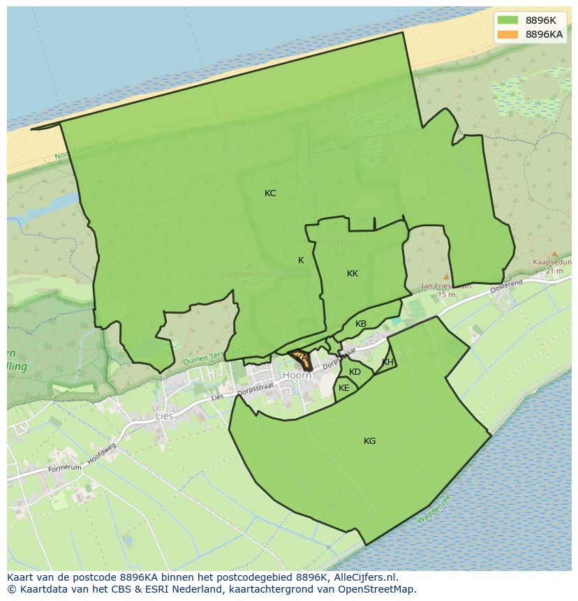 Afbeelding van het postcodegebied 8896 KA op de kaart.
