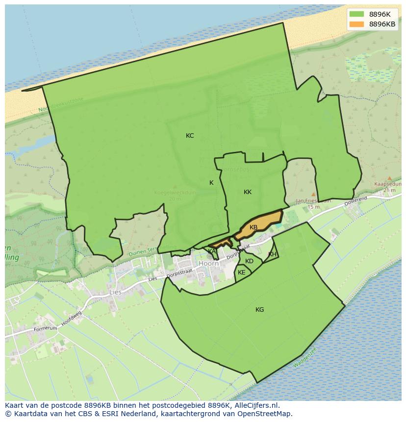 Afbeelding van het postcodegebied 8896 KB op de kaart.