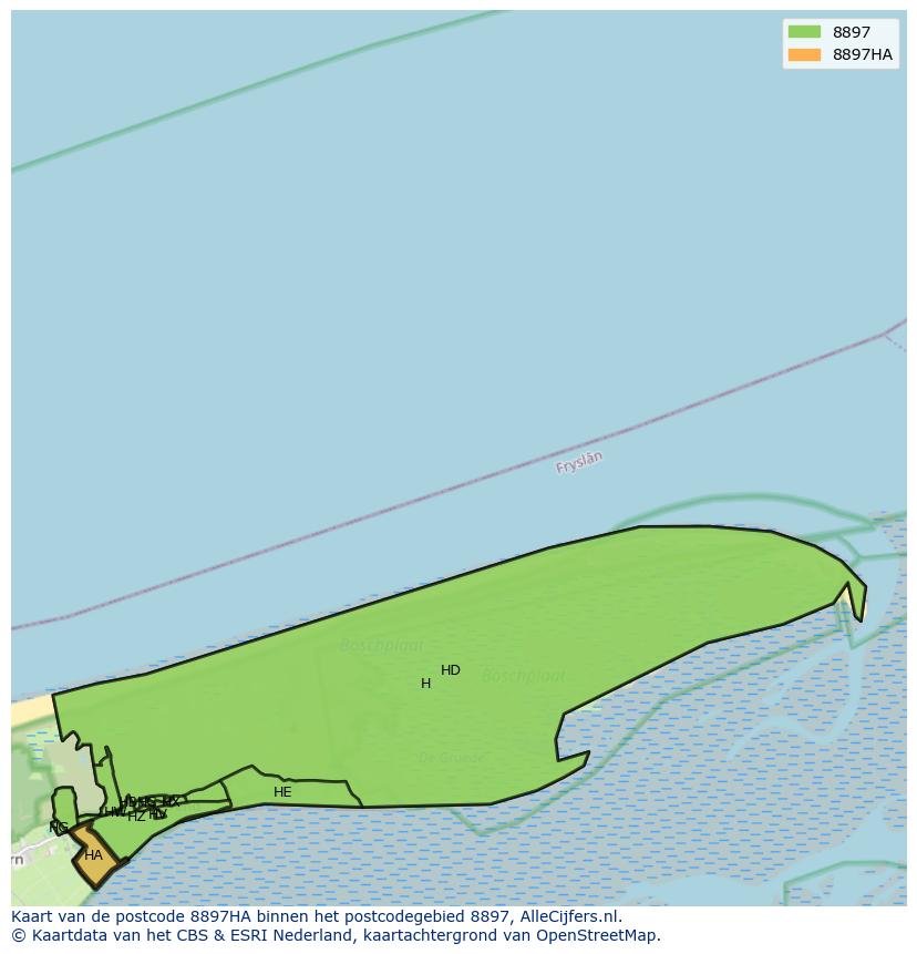 Afbeelding van het postcodegebied 8897 HA op de kaart.