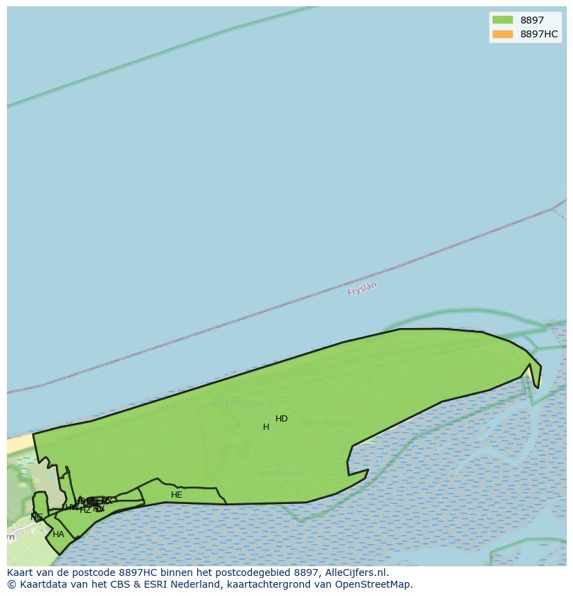 Afbeelding van het postcodegebied 8897 HC op de kaart.