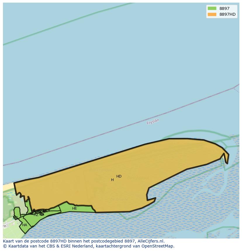 Afbeelding van het postcodegebied 8897 HD op de kaart.
