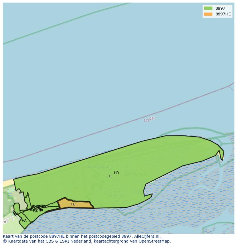 Afbeelding van het postcodegebied 8897 HE op de kaart.