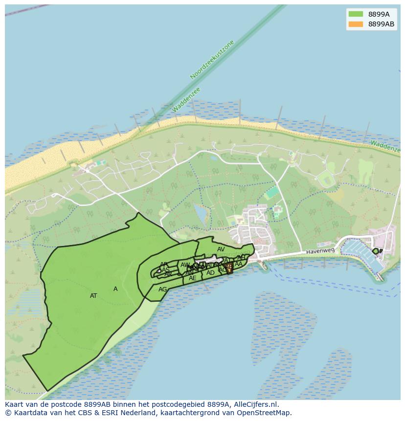 Afbeelding van het postcodegebied 8899 AB op de kaart.