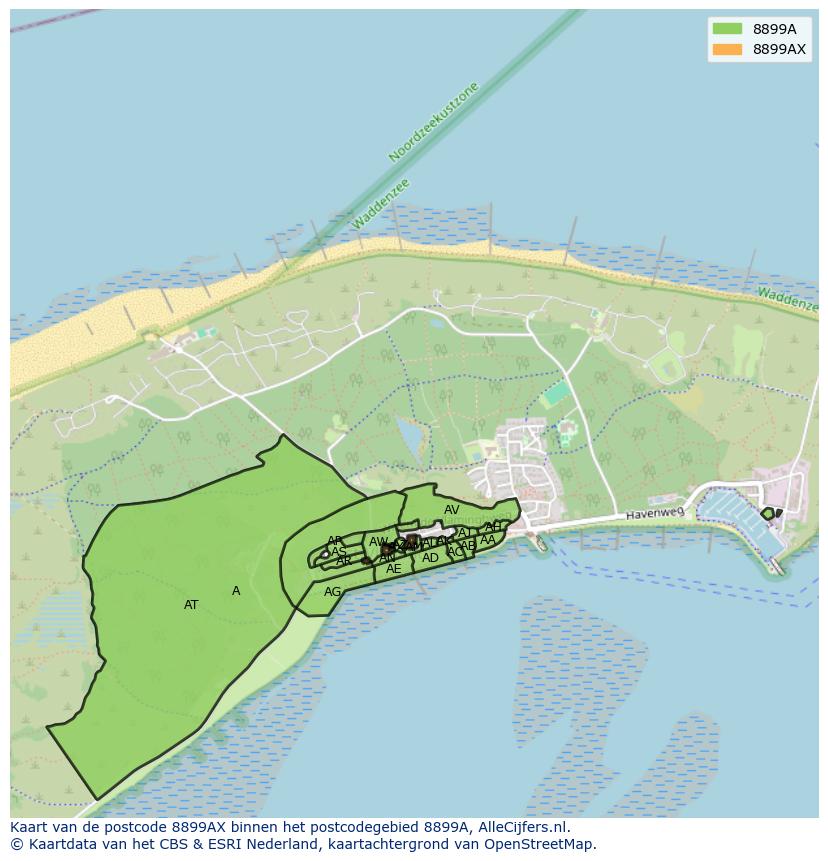 Afbeelding van het postcodegebied 8899 AX op de kaart.