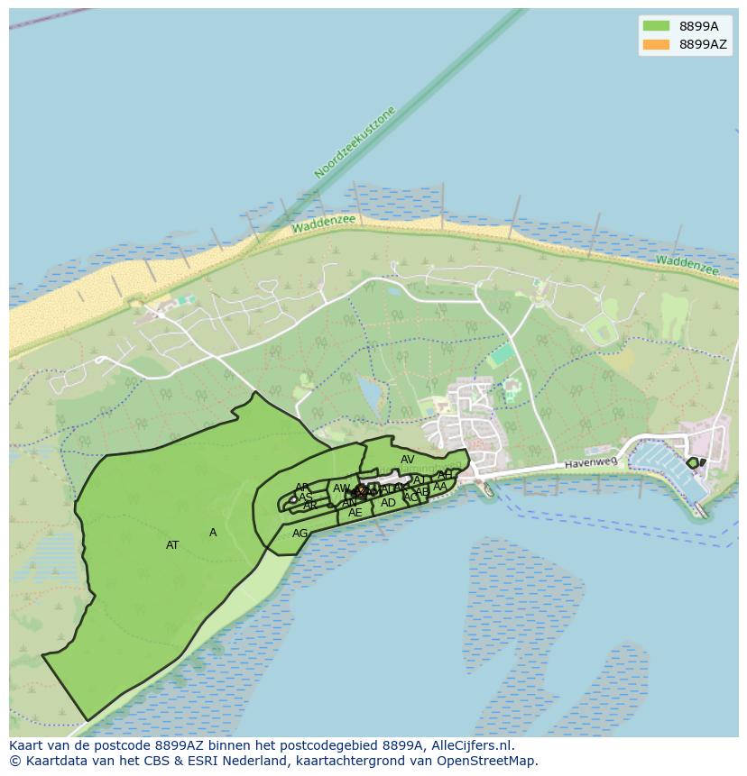 Afbeelding van het postcodegebied 8899 AZ op de kaart.