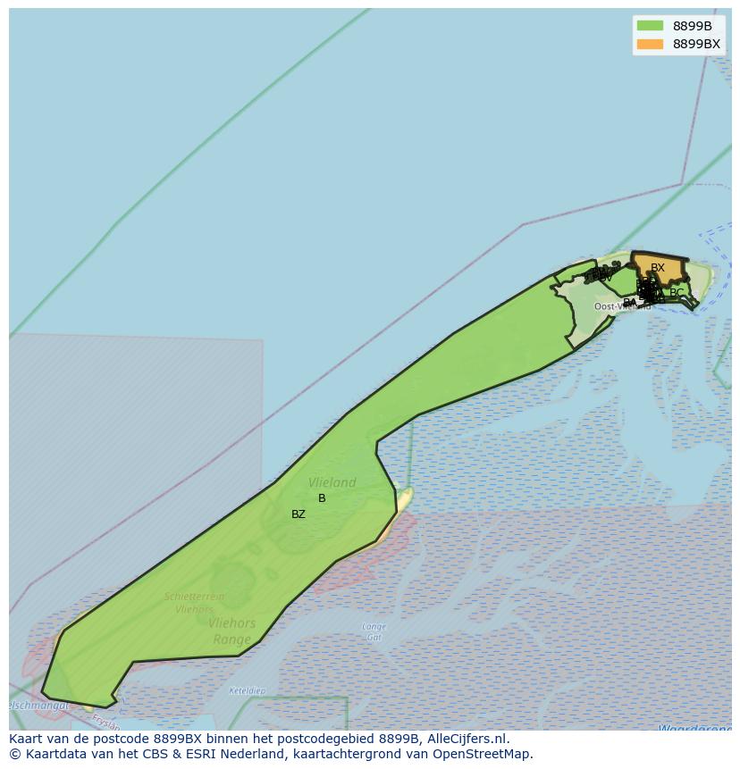 Afbeelding van het postcodegebied 8899 BX op de kaart.