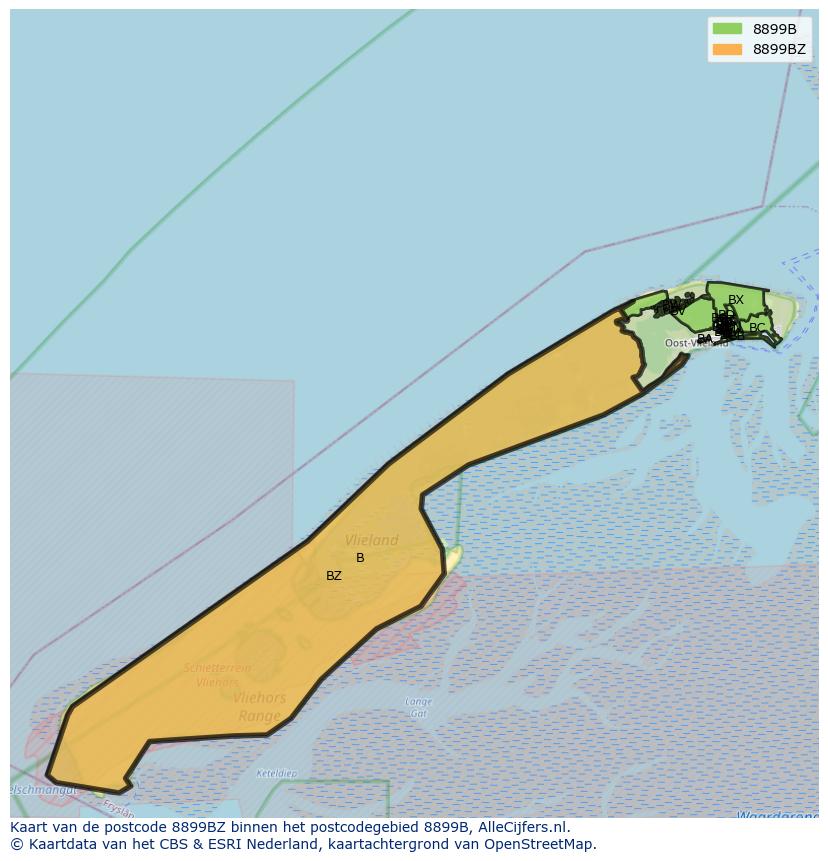 Afbeelding van het postcodegebied 8899 BZ op de kaart.