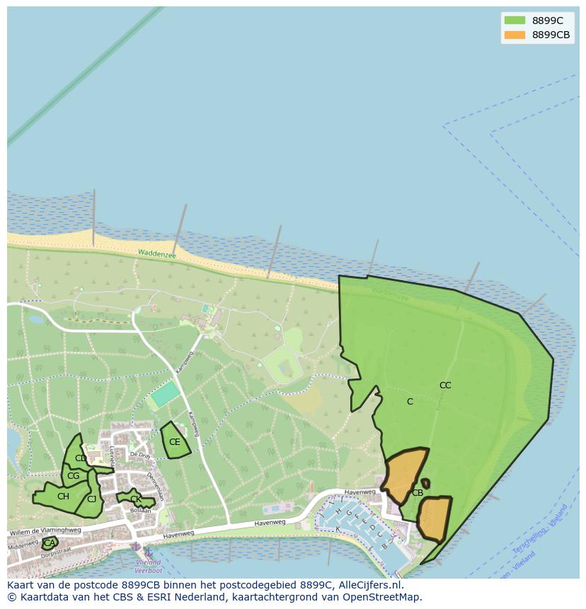 Afbeelding van het postcodegebied 8899 CB op de kaart.