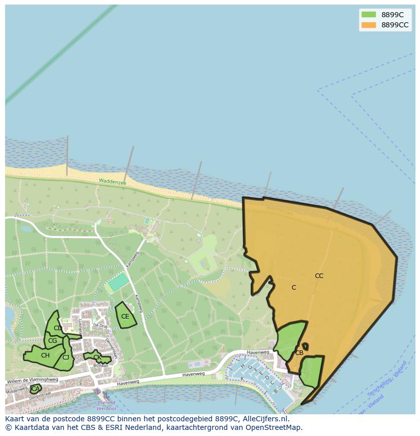 Afbeelding van het postcodegebied 8899 CC op de kaart.