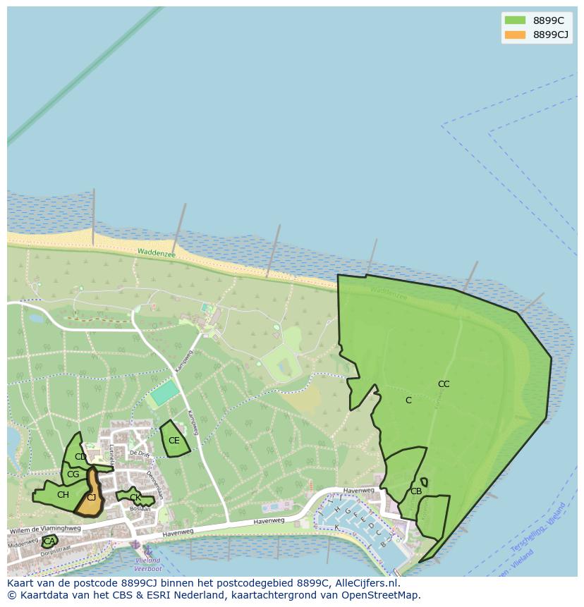 Afbeelding van het postcodegebied 8899 CJ op de kaart.