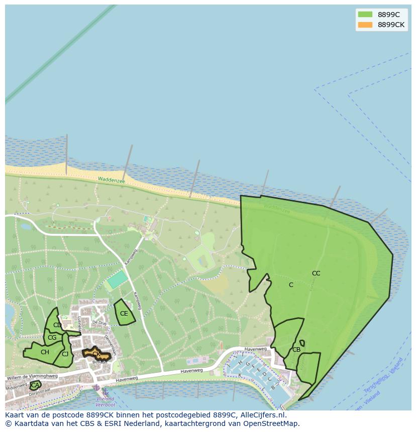 Afbeelding van het postcodegebied 8899 CK op de kaart.