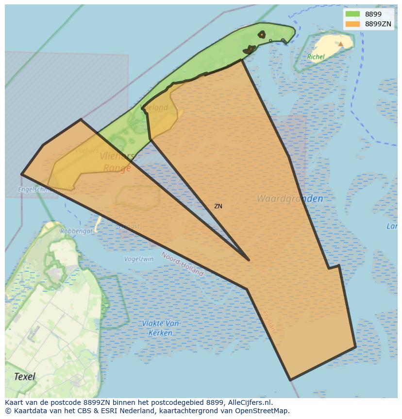 Afbeelding van het postcodegebied 8899 ZN op de kaart.