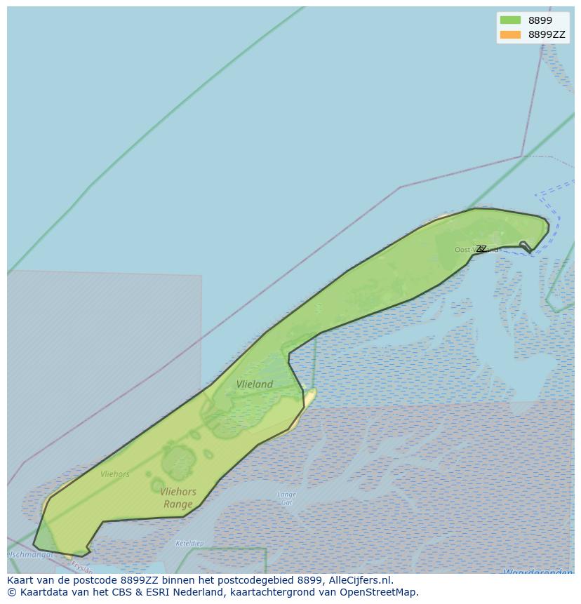 Afbeelding van het postcodegebied 8899 ZZ op de kaart.