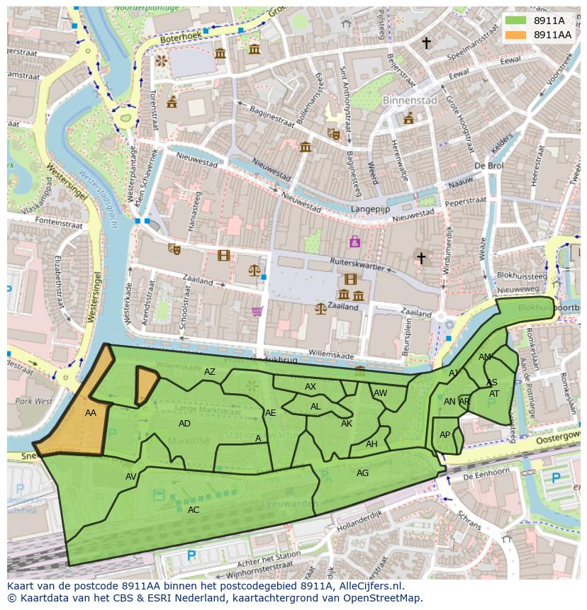 Afbeelding van het postcodegebied 8911 AA op de kaart.