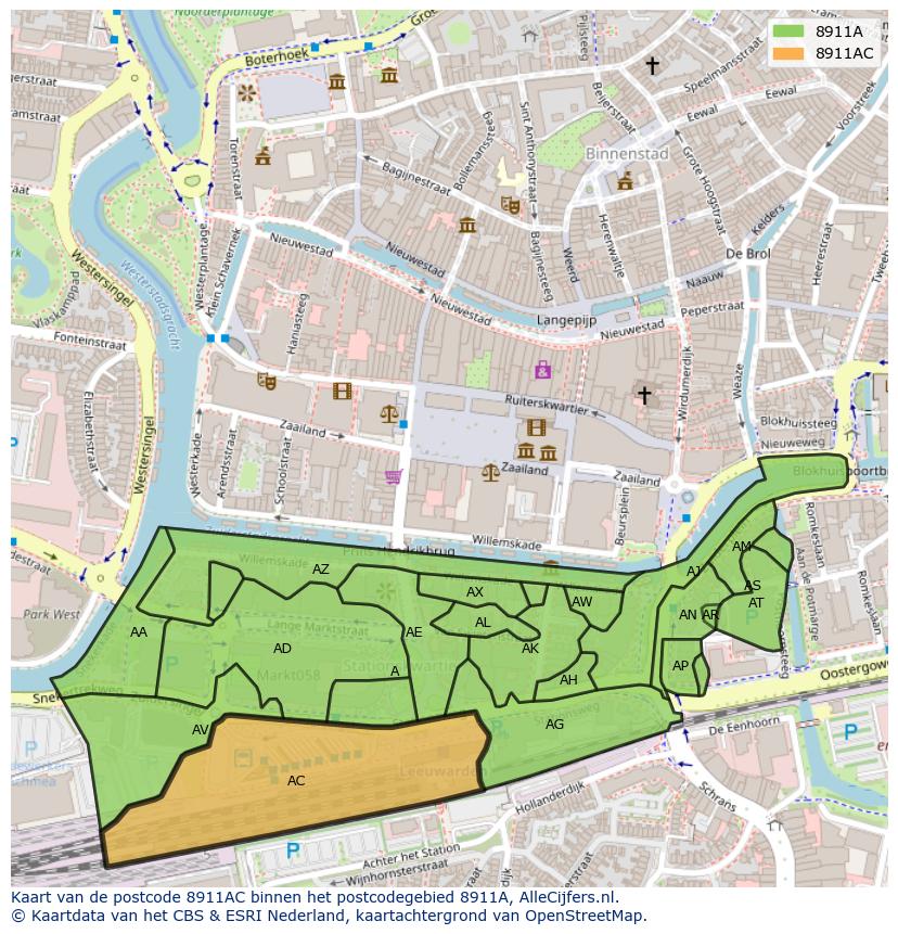 Afbeelding van het postcodegebied 8911 AC op de kaart.
