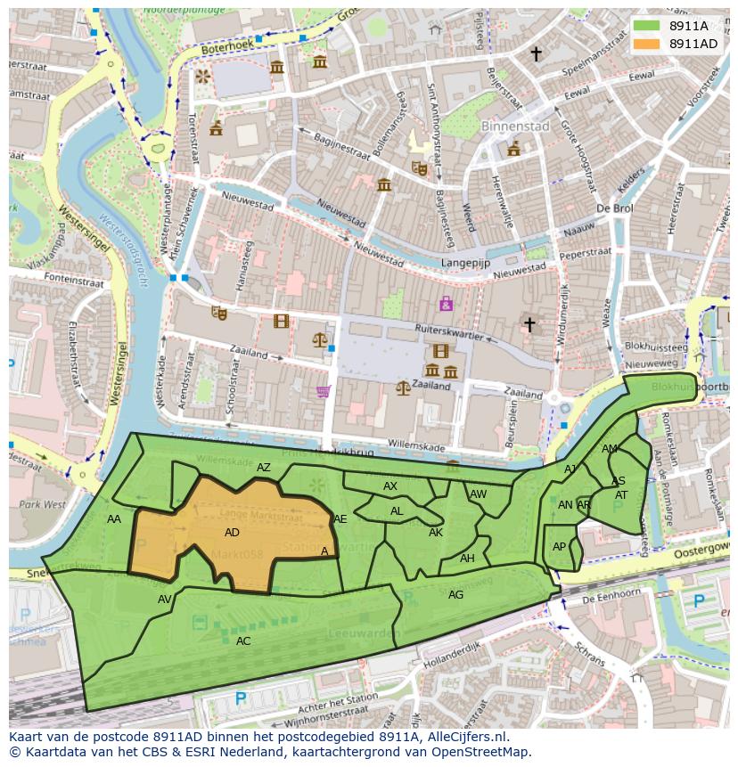 Afbeelding van het postcodegebied 8911 AD op de kaart.