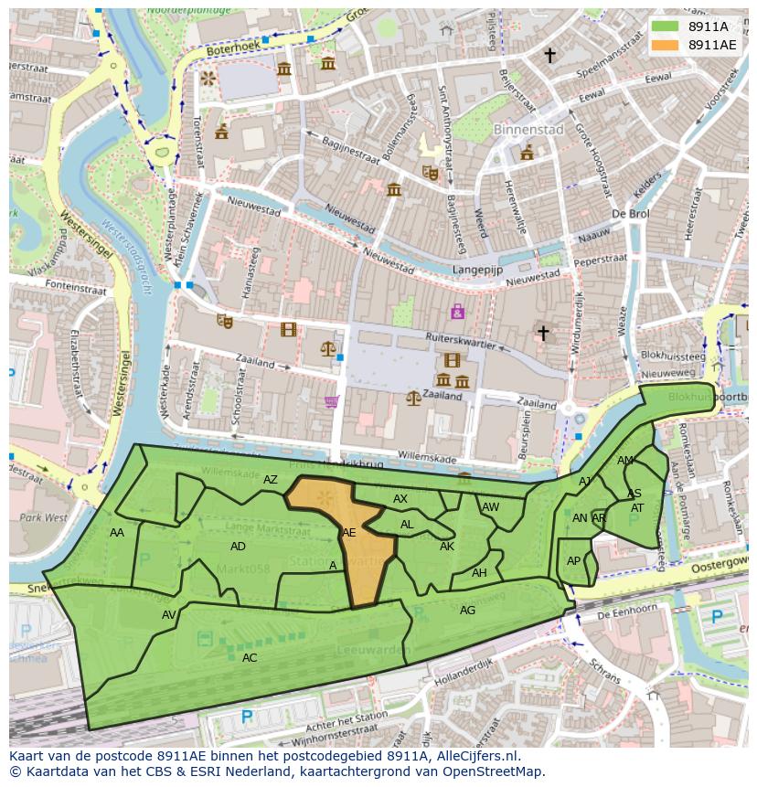 Afbeelding van het postcodegebied 8911 AE op de kaart.