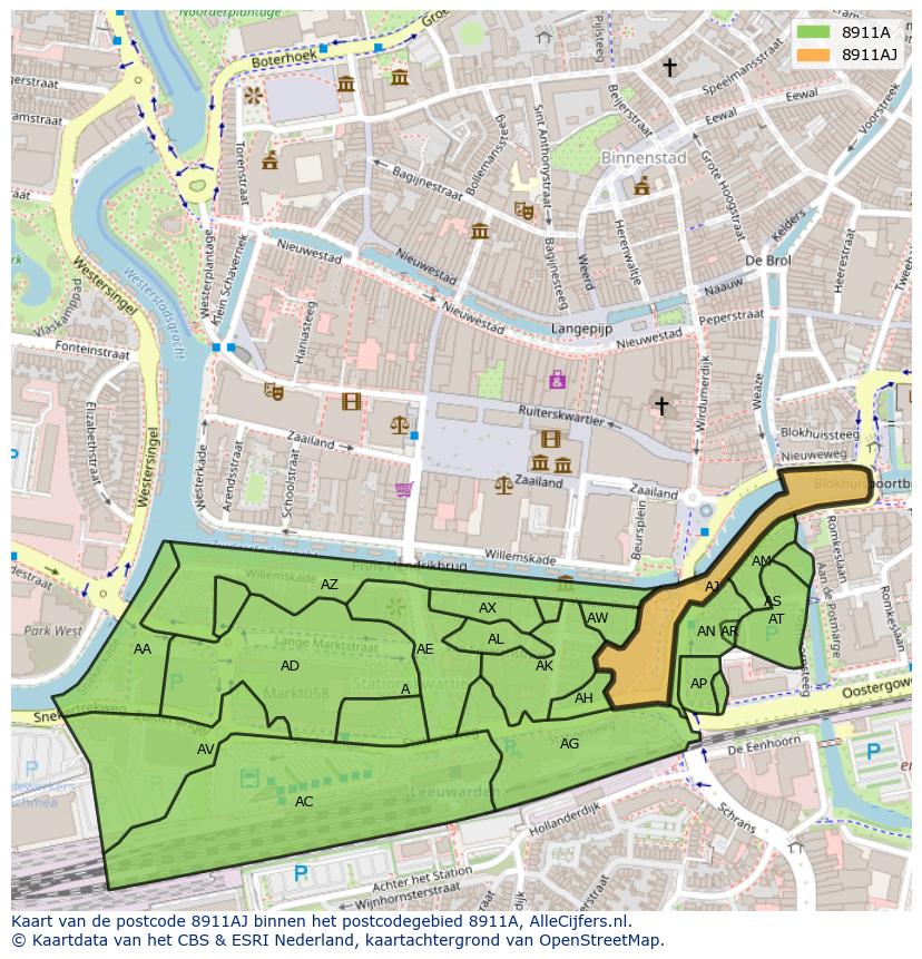 Afbeelding van het postcodegebied 8911 AJ op de kaart.