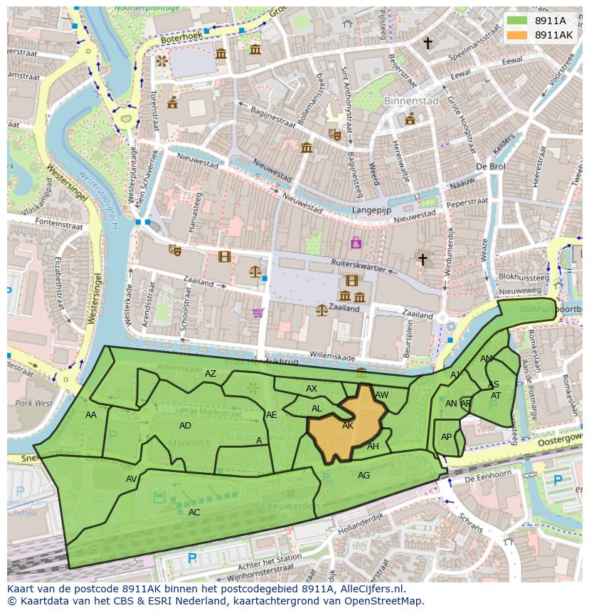 Afbeelding van het postcodegebied 8911 AK op de kaart.
