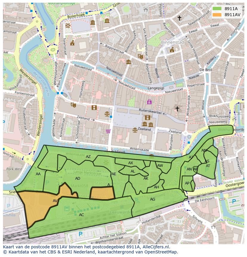 Afbeelding van het postcodegebied 8911 AV op de kaart.