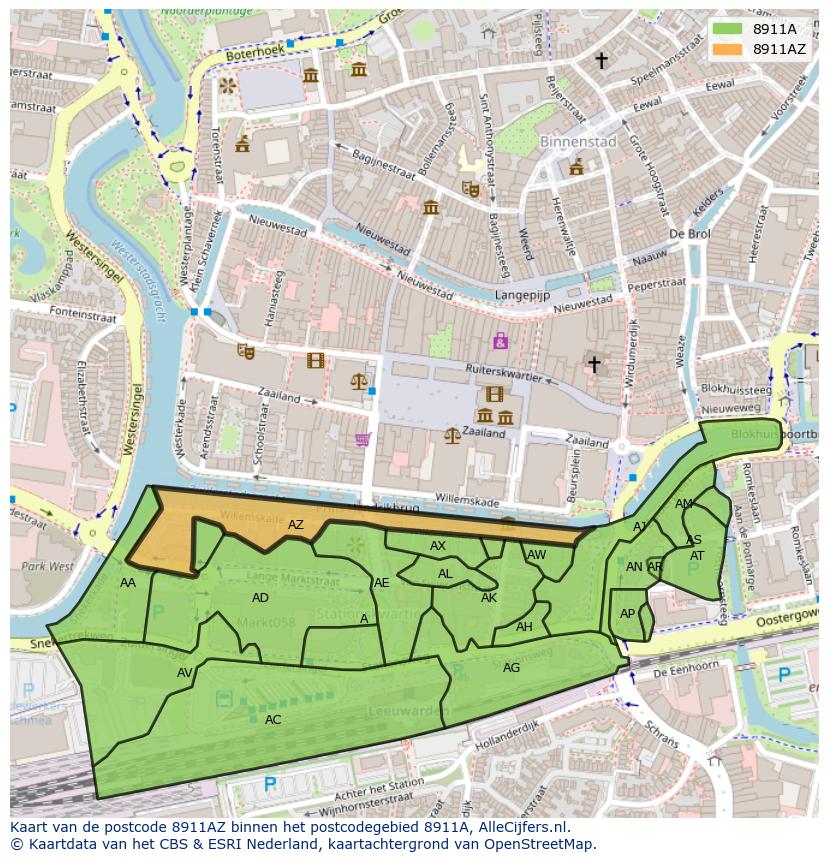Afbeelding van het postcodegebied 8911 AZ op de kaart.