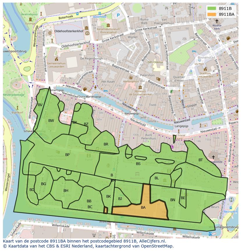 Afbeelding van het postcodegebied 8911 BA op de kaart.