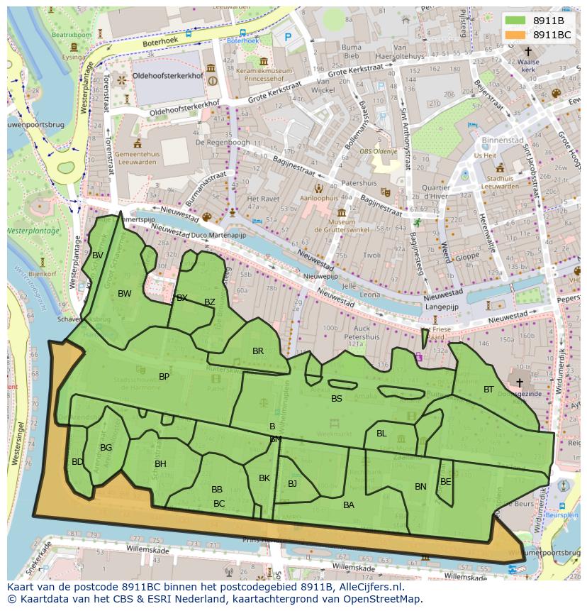 Afbeelding van het postcodegebied 8911 BC op de kaart.