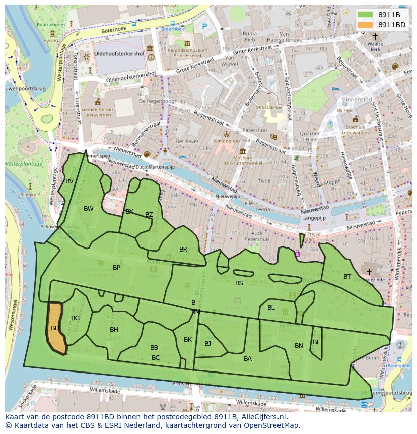 Afbeelding van het postcodegebied 8911 BD op de kaart.