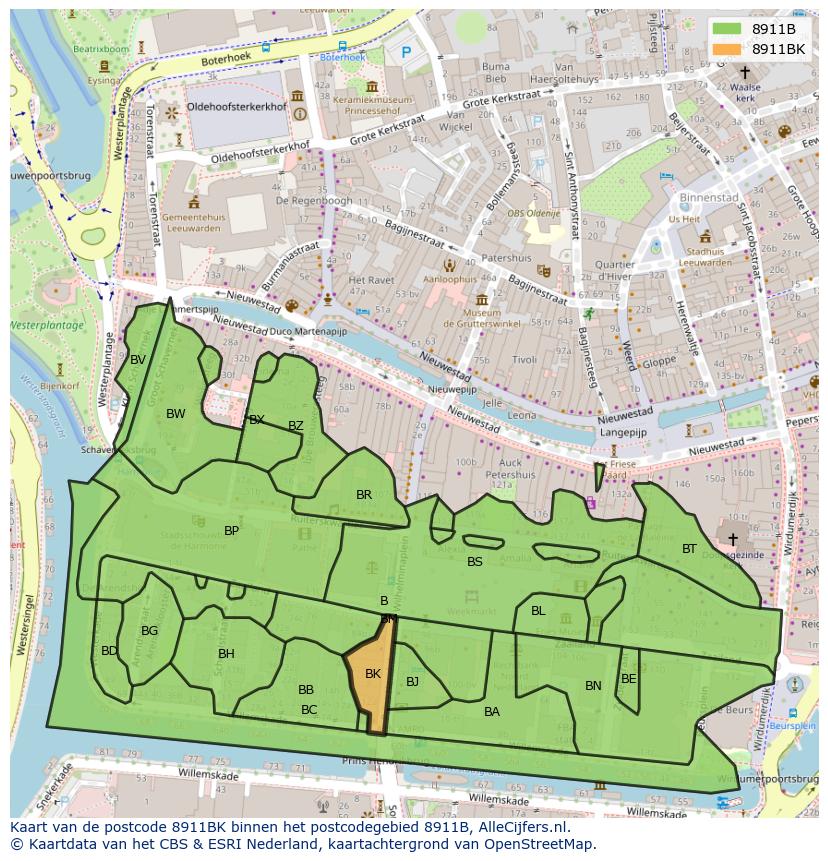 Afbeelding van het postcodegebied 8911 BK op de kaart.