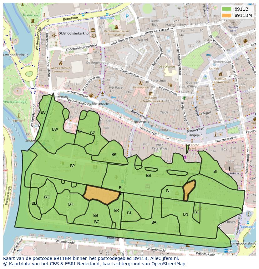 Afbeelding van het postcodegebied 8911 BM op de kaart.