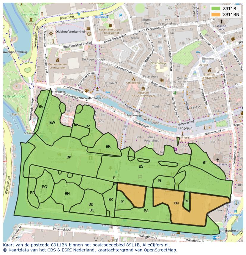 Afbeelding van het postcodegebied 8911 BN op de kaart.