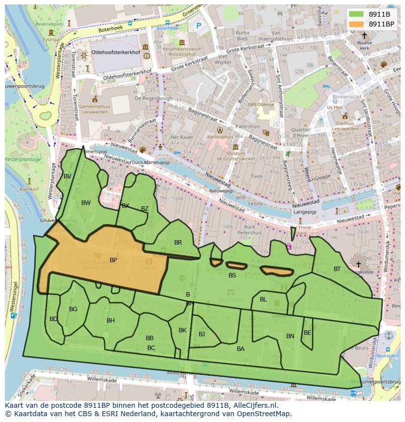 Afbeelding van het postcodegebied 8911 BP op de kaart.