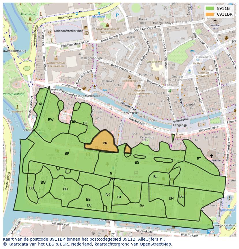 Afbeelding van het postcodegebied 8911 BR op de kaart.