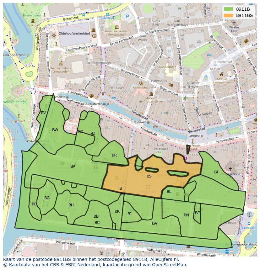 Afbeelding van het postcodegebied 8911 BS op de kaart.