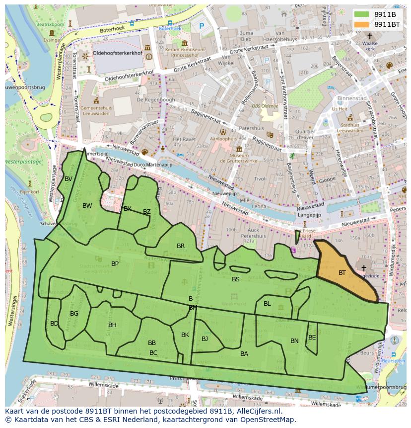 Afbeelding van het postcodegebied 8911 BT op de kaart.
