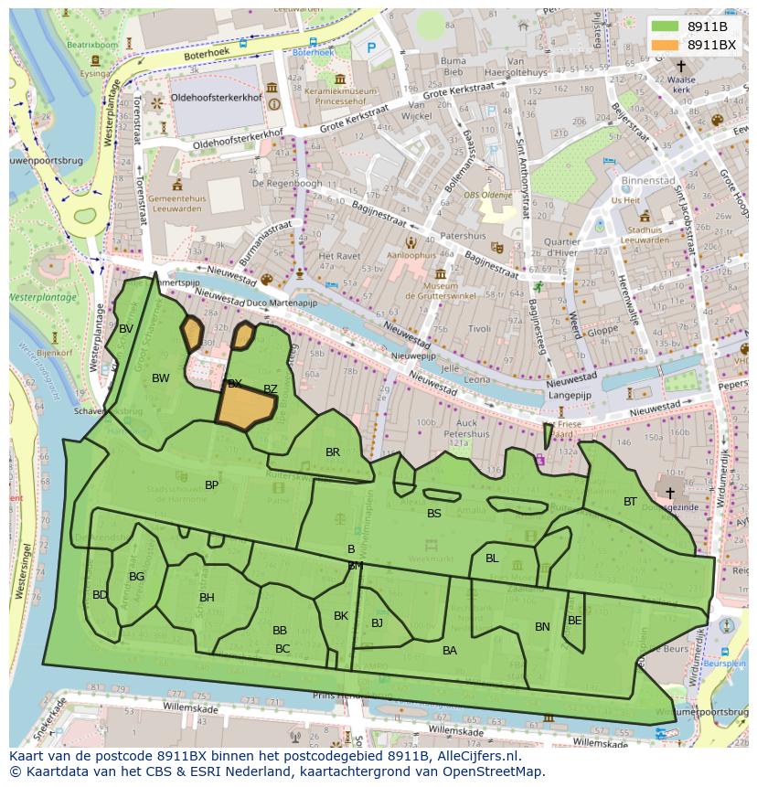 Afbeelding van het postcodegebied 8911 BX op de kaart.