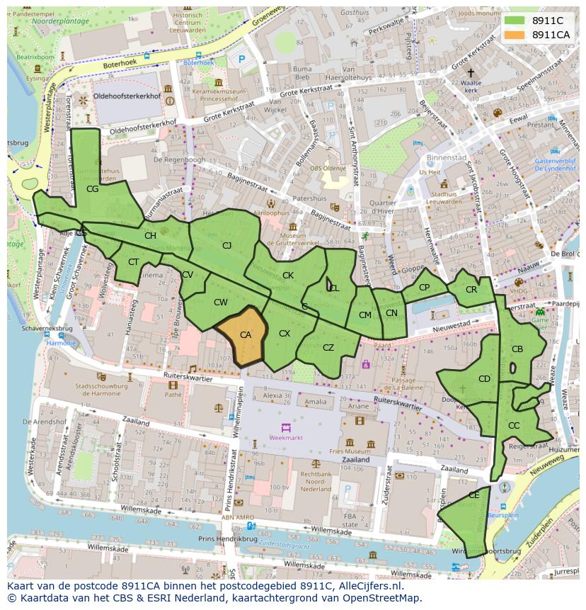 Afbeelding van het postcodegebied 8911 CA op de kaart.