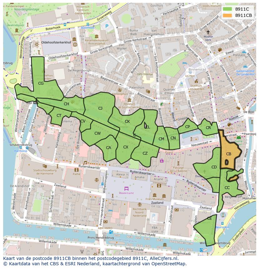 Afbeelding van het postcodegebied 8911 CB op de kaart.