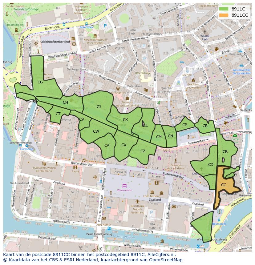 Afbeelding van het postcodegebied 8911 CC op de kaart.
