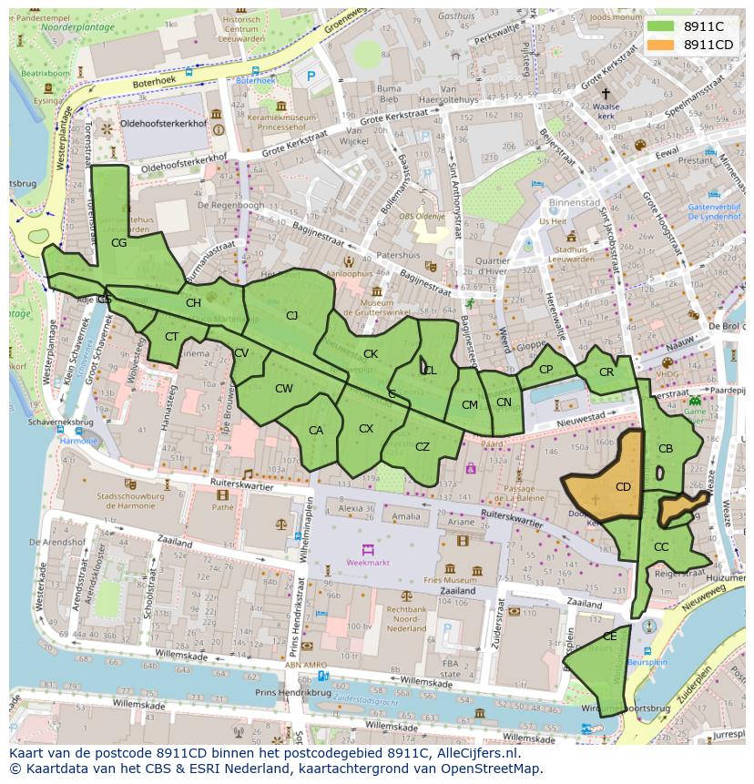 Afbeelding van het postcodegebied 8911 CD op de kaart.