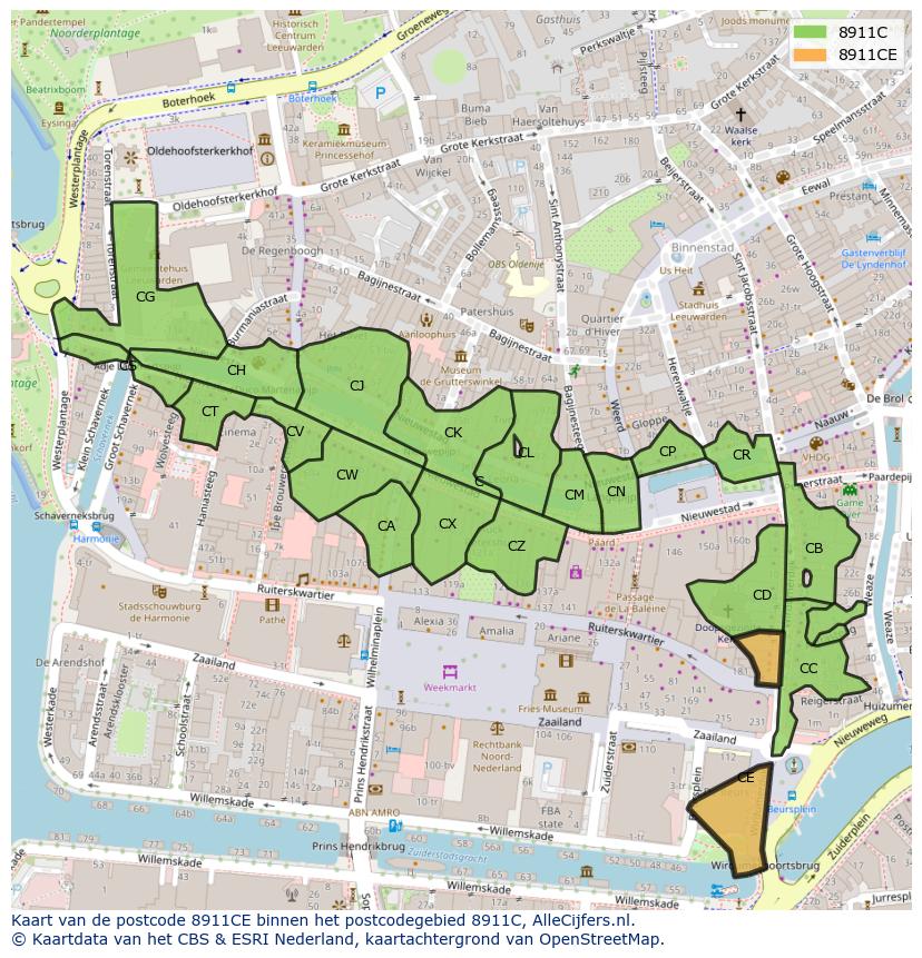 Afbeelding van het postcodegebied 8911 CE op de kaart.