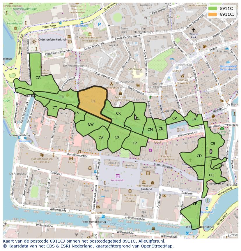 Afbeelding van het postcodegebied 8911 CJ op de kaart.