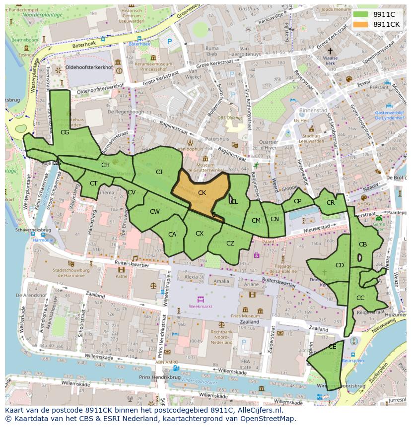 Afbeelding van het postcodegebied 8911 CK op de kaart.