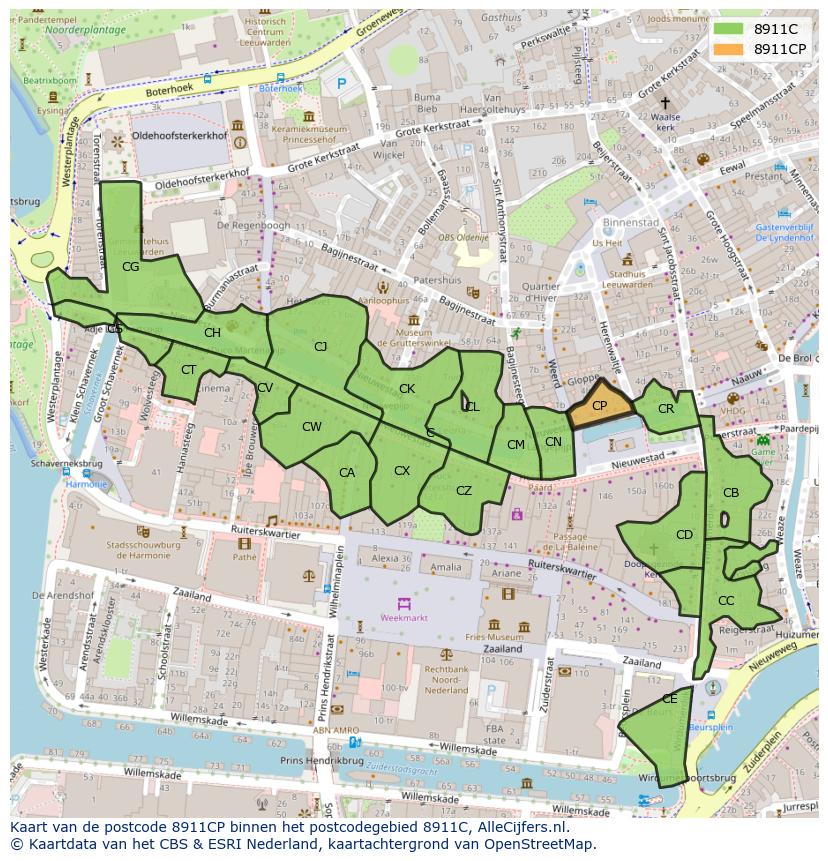 Afbeelding van het postcodegebied 8911 CP op de kaart.