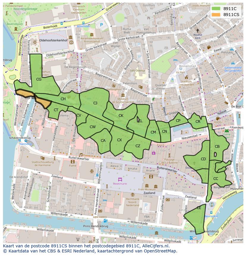 Afbeelding van het postcodegebied 8911 CS op de kaart.