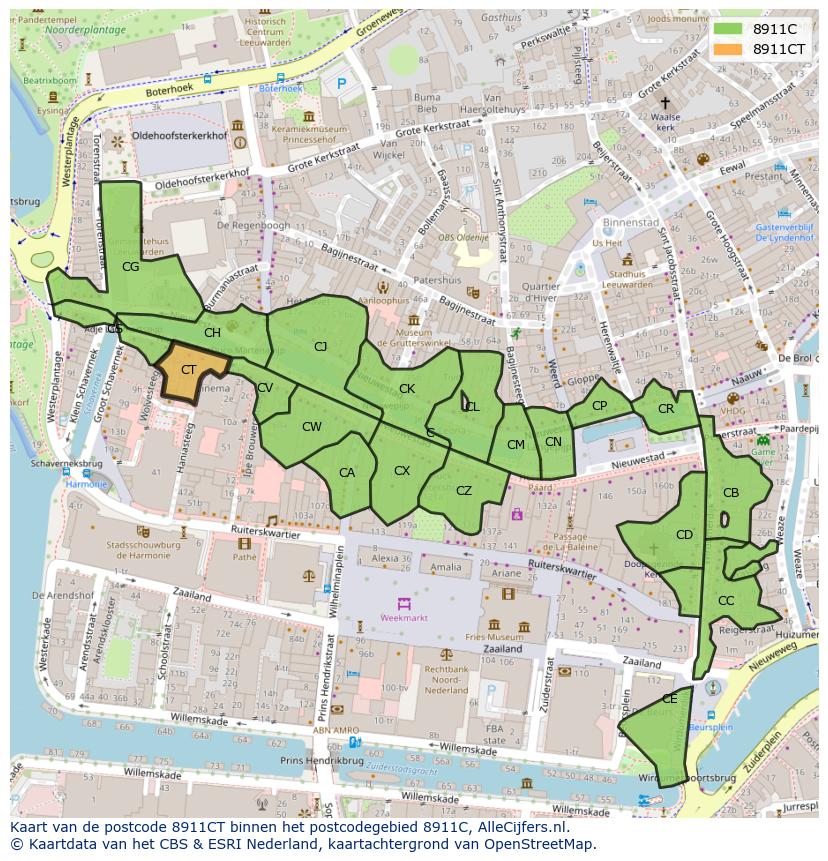 Afbeelding van het postcodegebied 8911 CT op de kaart.
