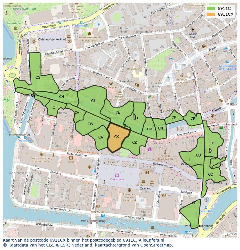 Afbeelding van het postcodegebied 8911 CX op de kaart.