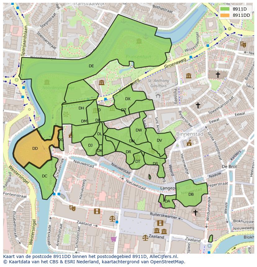 Afbeelding van het postcodegebied 8911 DD op de kaart.