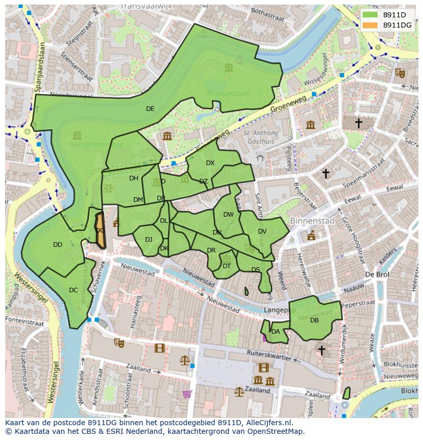 Afbeelding van het postcodegebied 8911 DG op de kaart.
