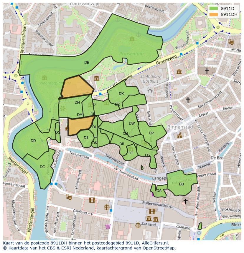 Afbeelding van het postcodegebied 8911 DH op de kaart.